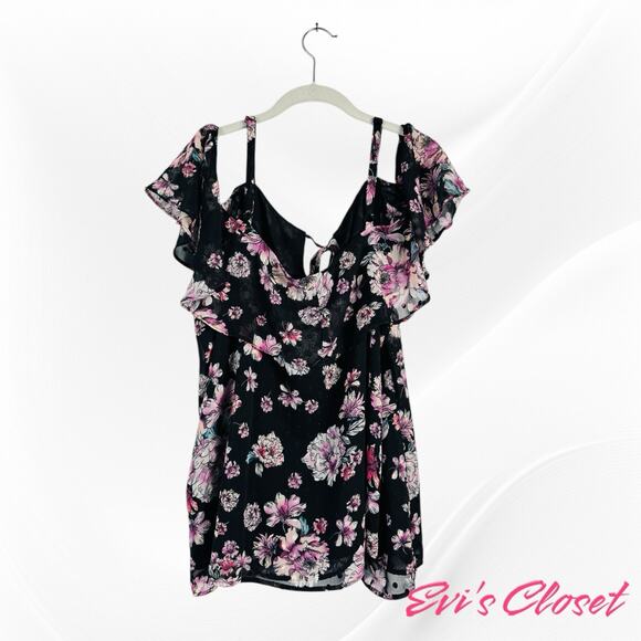 Torrid Black Pink Floral Chiffon Sz 18/20 Cold Shoulder Short Sleeve Top - Picture 3 of 9